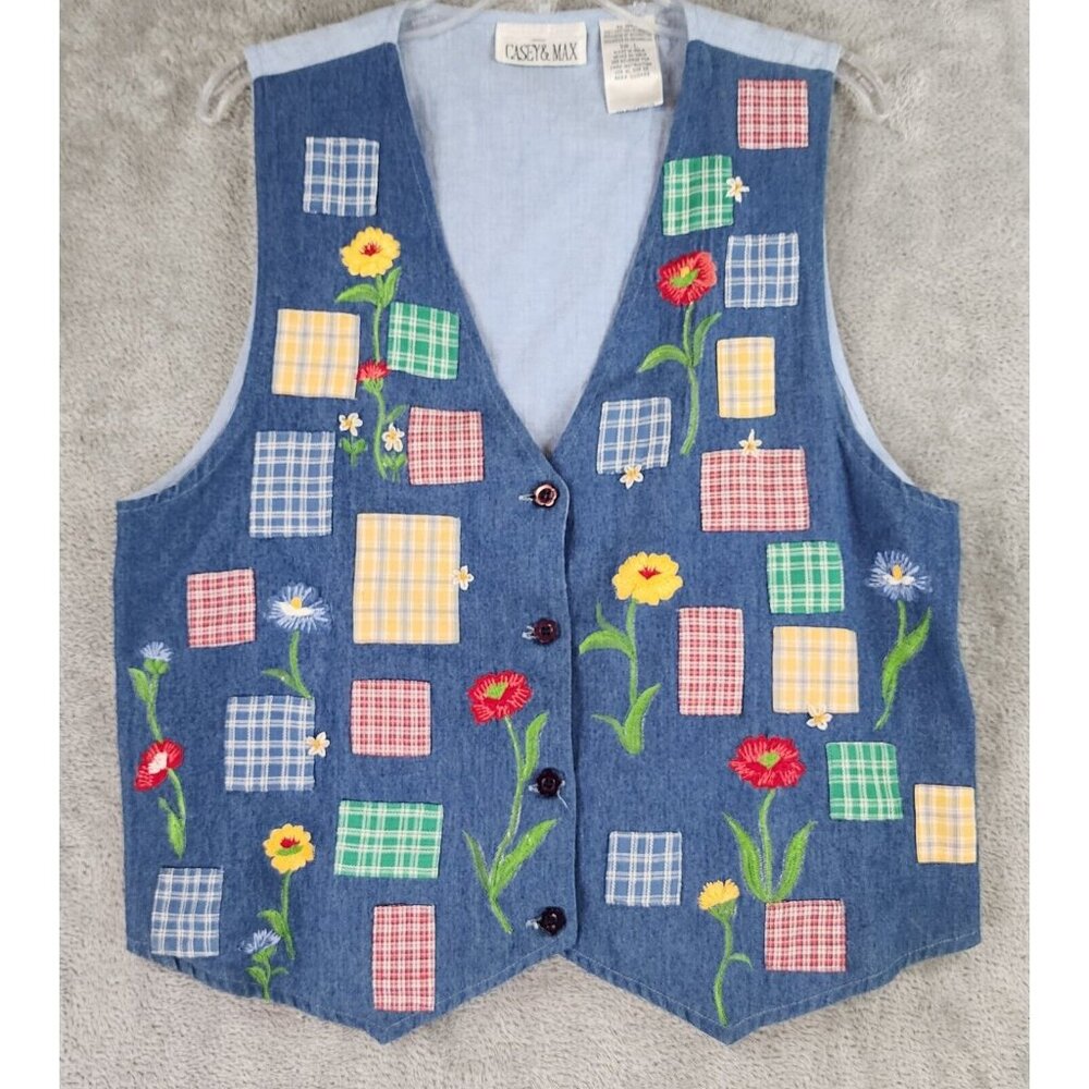 Casey & Max Vest Womens Large Blue Denim Floral Embroidered Western Y2K Vintage